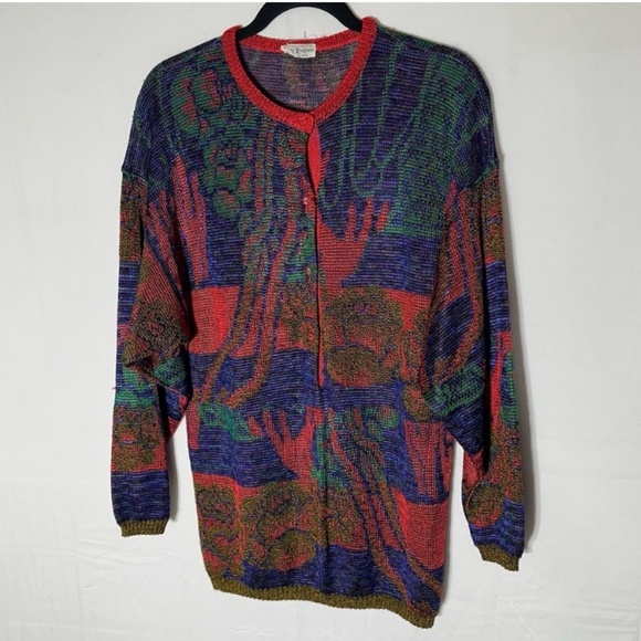 Vintage Holt Renfrew Red Blue Green Knit Half Button Up Pullover Light Sweater M - Picture 1 of 16